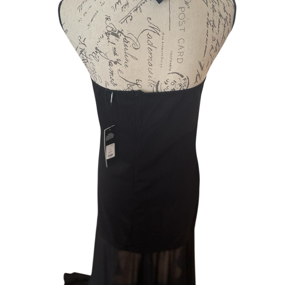 Black Mini Tube Dress with White Floral Detail & Sheer Ruffle Train - Picture 4 of 13